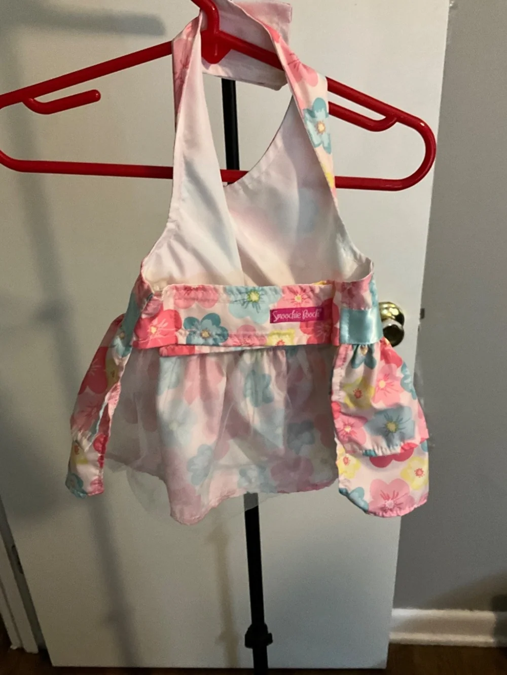 Smoochie Pooch Floral Harness Dog Dress with Blue Satin Bow – Size Large